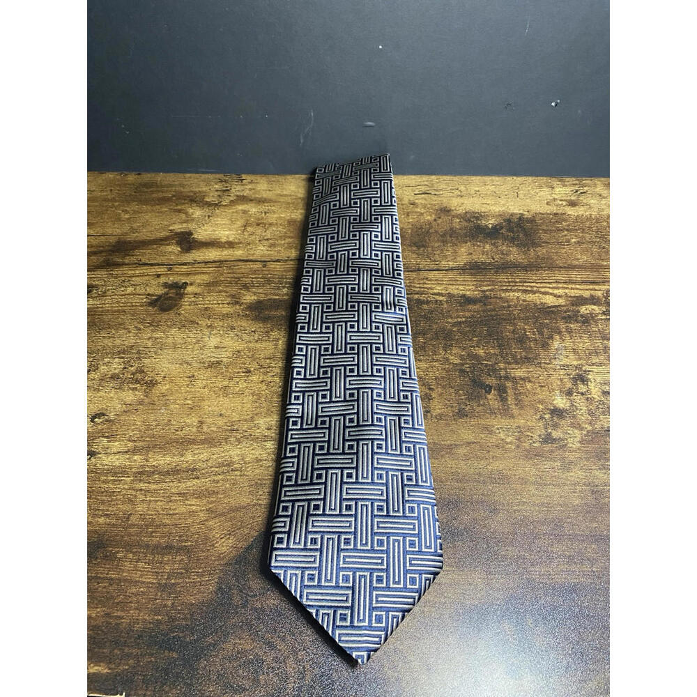 Lands’ End Men’s Silk Tie Regular Size Geometric Navy Blue
